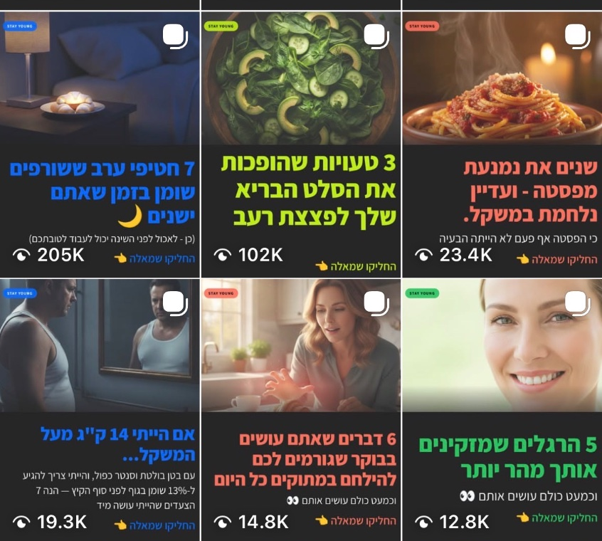 פוסטים מהאינסטגרם של Stay Young ומספרי הצפיות שלהם: 205 אלף, 102 אלף ועוד